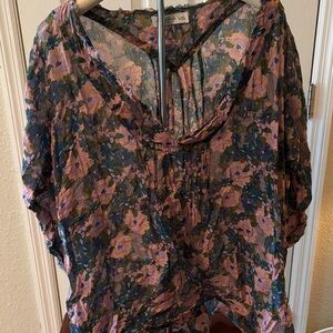 NATURAL LIFE Floral Sheer Blouse - Pink and Blue